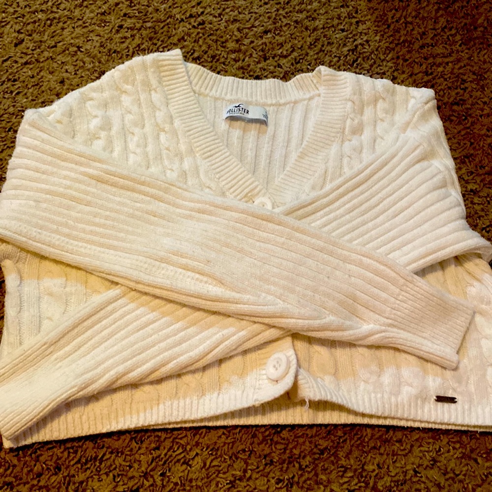 White Cabelknit v-neck sweater Hollister